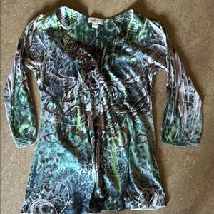 Custo Barcelona Blue and Brown Asymmetrical Tie Front Blouse